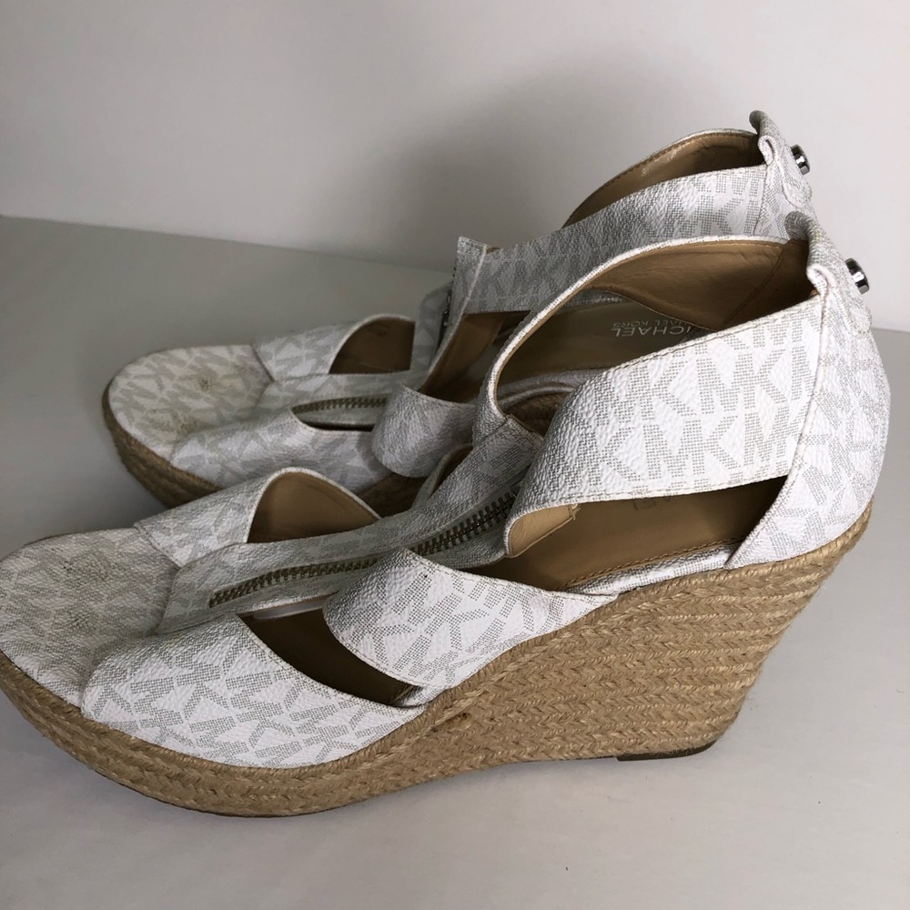 Sz 9.5 Michael Kors Damita Wedge Bright White Mini MK Logo Vanilla